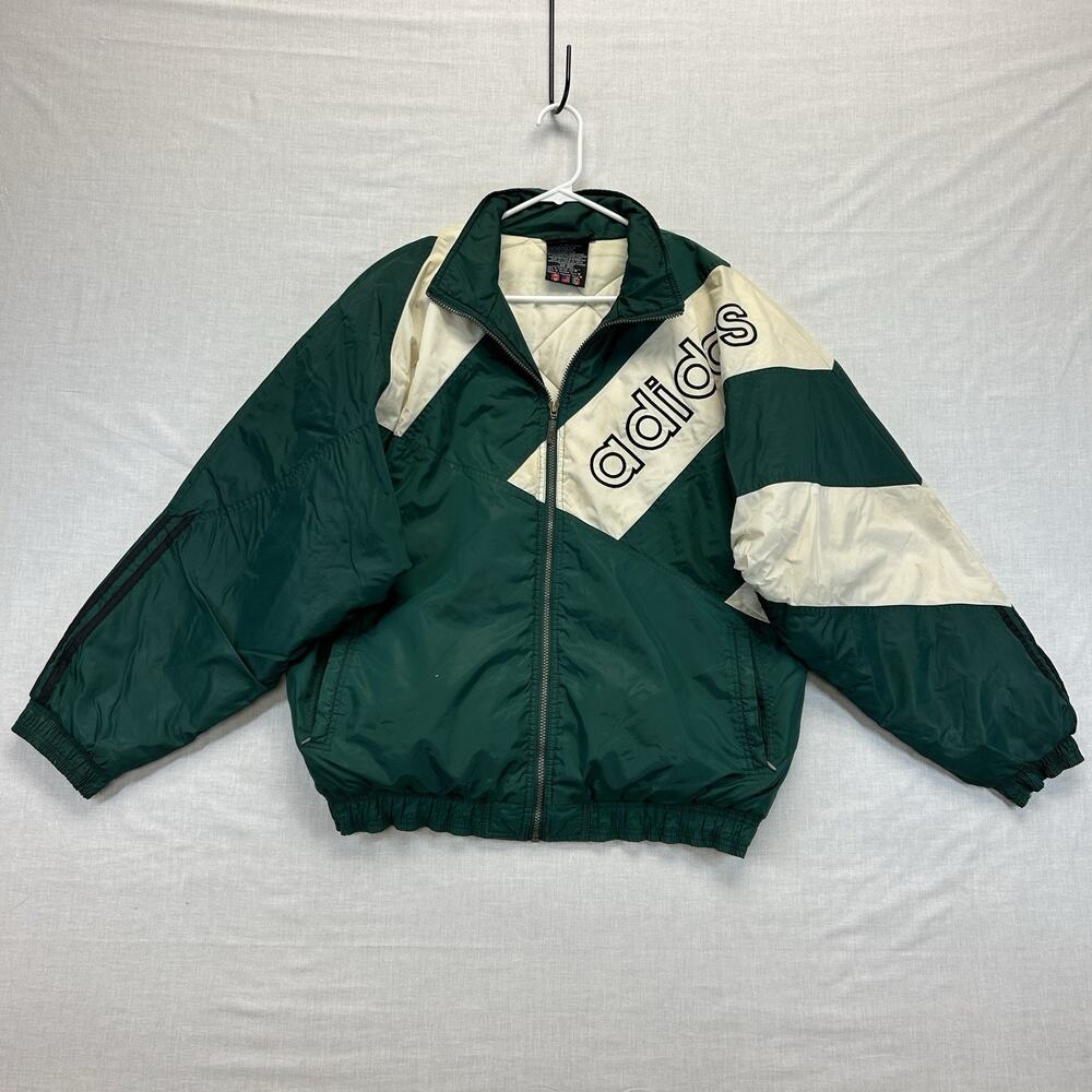 Vintage Adidas Puffer Jacket Men's Medium 90s Full Zip Trefoil Green Y2K Pockets